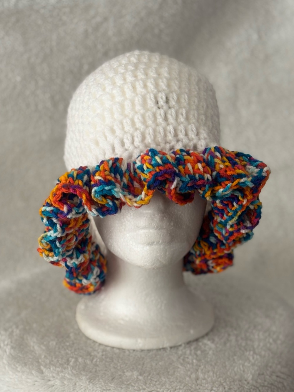 Handmade White Crochet Bucket Hat with Multicolor Ruffle Brim